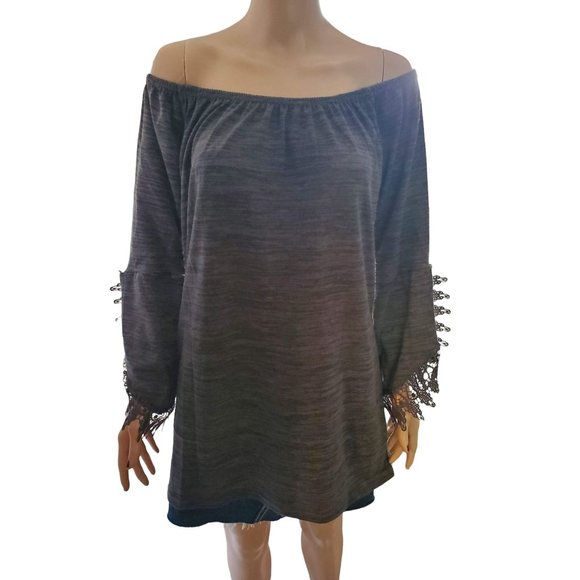 Win Win Boho Black/Gray Tunic Sweater with Crochet Lace Bell Sleeves Size L - Picture 2 of 12